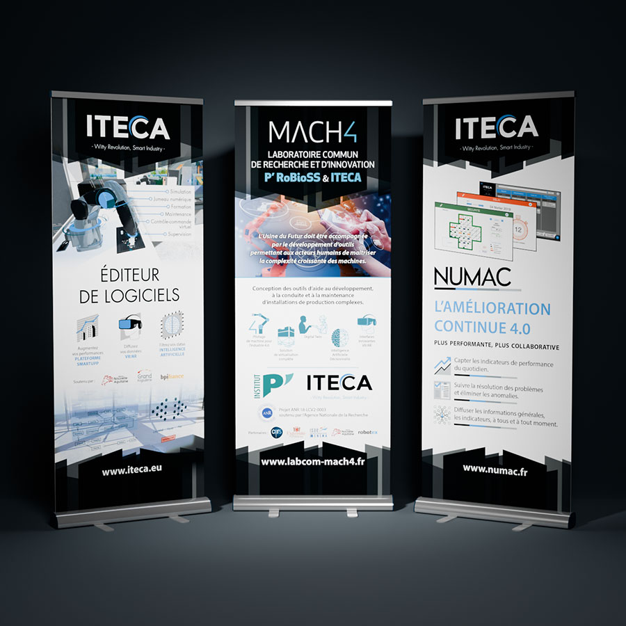 Design graphique de roll-ups pour une entreprise technologique ITECA NUMAC